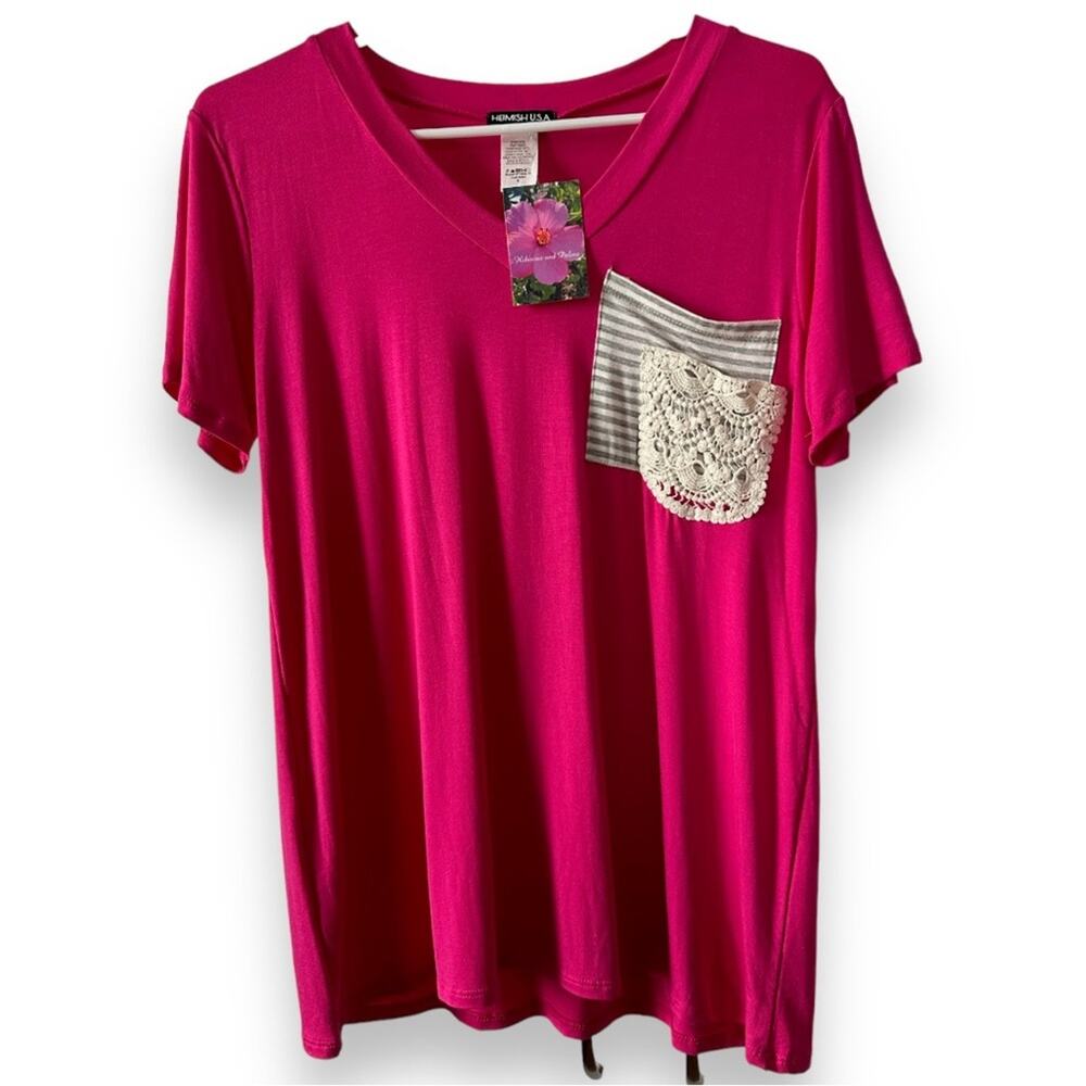 NWT Size S Heimish USA Design Pocket Pink Tee, V-Neck, Lace, Striped, Crochet
